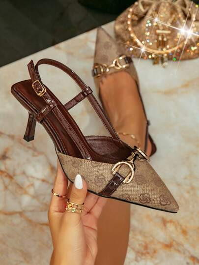 Women's Classic Pattern Pointed Toe Slingback Heels With Gold Buckle Back Straps Vintage-Style Fl... | SHEIN