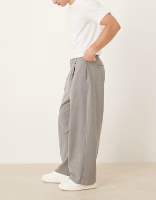 ASOS DESIGN wide barrel leg fit dress pants in light gray flannel look with elastic waist | ASOS | ASOS (Global)