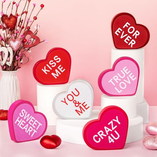 Roberly Wooden Valentines Day Decor, 6pcs Conversation Heart Sign Valentines Day Table Decor, Double Side Heart Decorations for Home Office Kitchen Mantel Shelf Tiered Tray Holiday Gifts | Amazon (US)