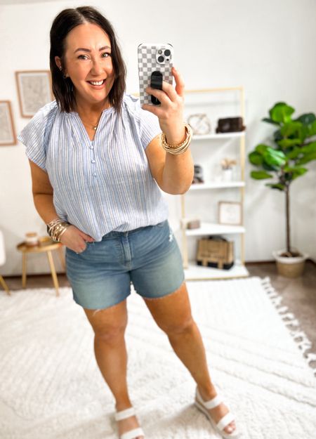 New split neck tops at Walmart!  Love this blue and striped one!  Wearing a large. Size 16 denim shorts. Sandals fit tts. So comfy!  

#walmartpartner
#walmartfashion
@walmartfashion

#LTKSeasonal #LTKfindsunder50 #LTKmidsize