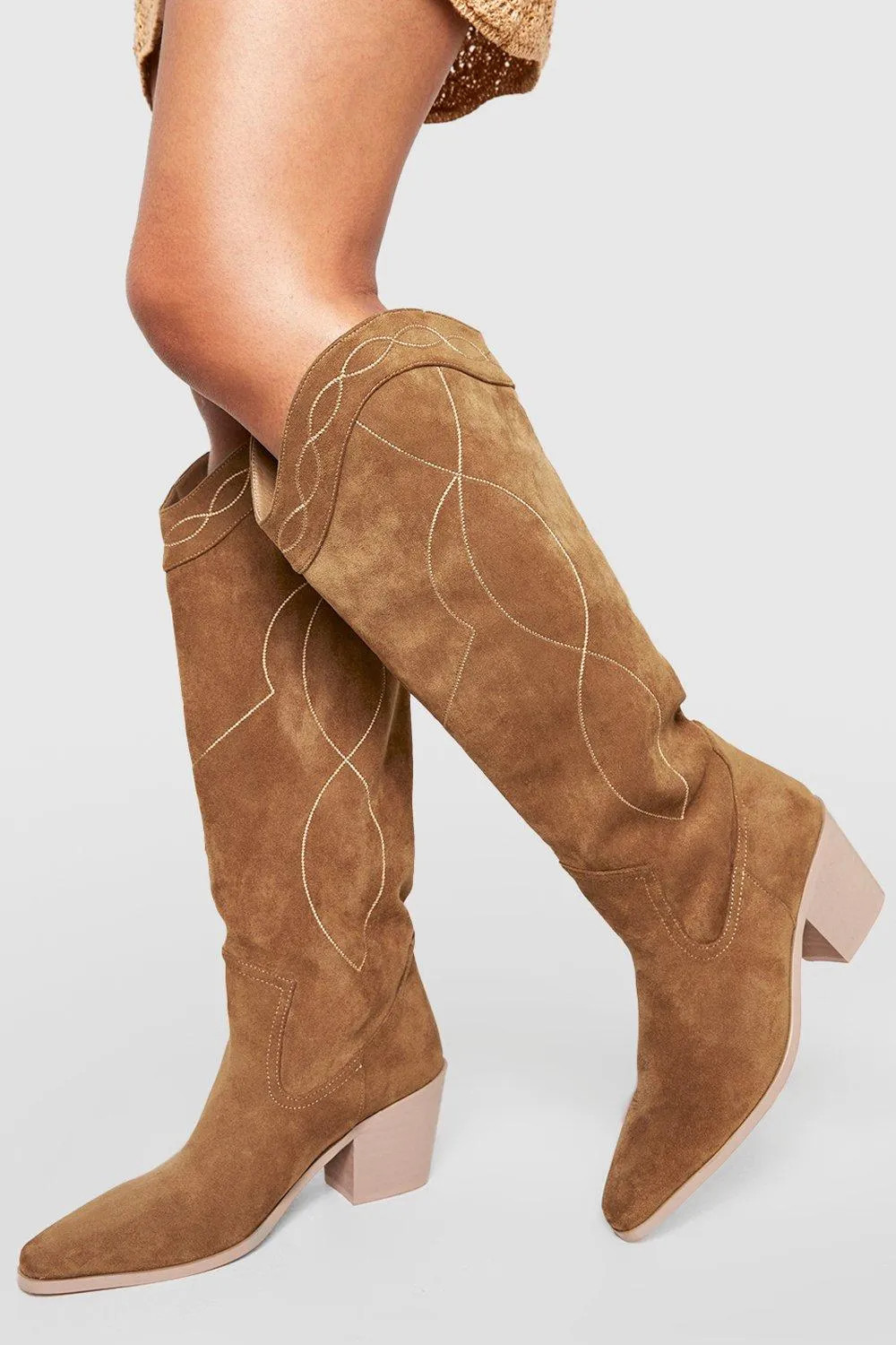 Dark Tan Casual Faux Suede Knee High Western Cowboy Boots | Boohoo | Boohoo.com (UK & IE)