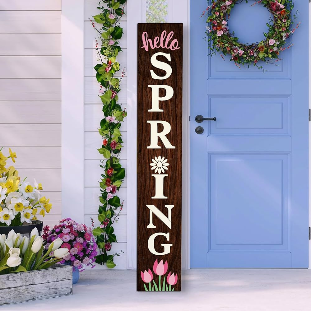 Hello Spring Wooden Porch Sign 47" Tulip Large Welcome Sign Vertical Indoor Outdoor Standing Sign... | Amazon (US)