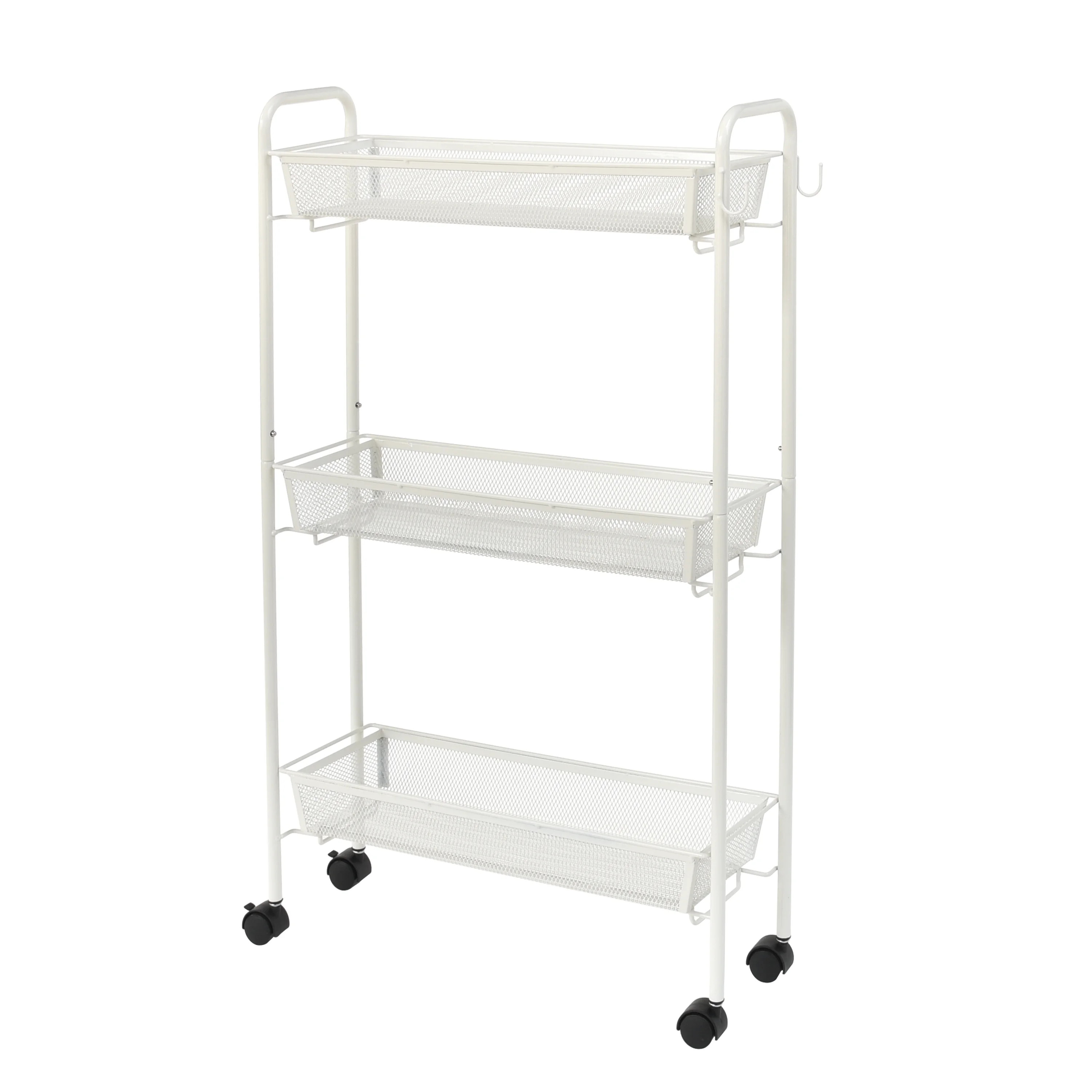 Mainstays Slim 3-Shelf Rolling Bathroom Organization Cart with 2 Hooks, White | Walmart (US)