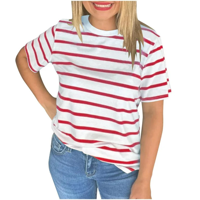 BLVB Summer Striped T Shirts for Women Dressy Casual Short Sleeve Tops Loose Crewneck Basic Tee T... | Walmart (US)