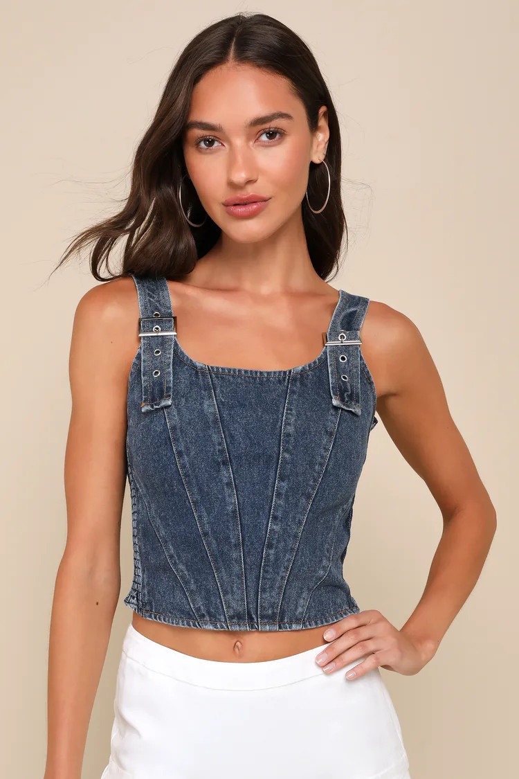 Popular Icon Dark Wash Denim Bustier Crop Top | Lulus