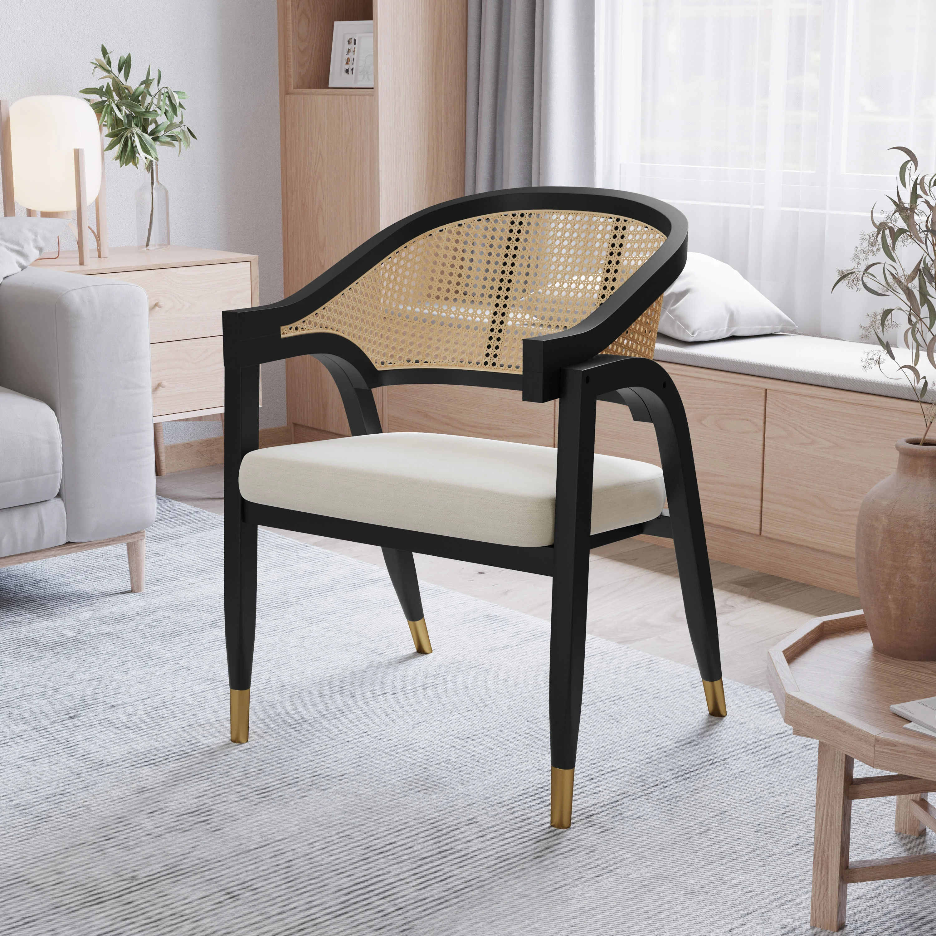 Merrick Lane Cane Rattan Padded Accent or Dining Chair with Gold Accented Legs in Natural/Black | Walmart (US)