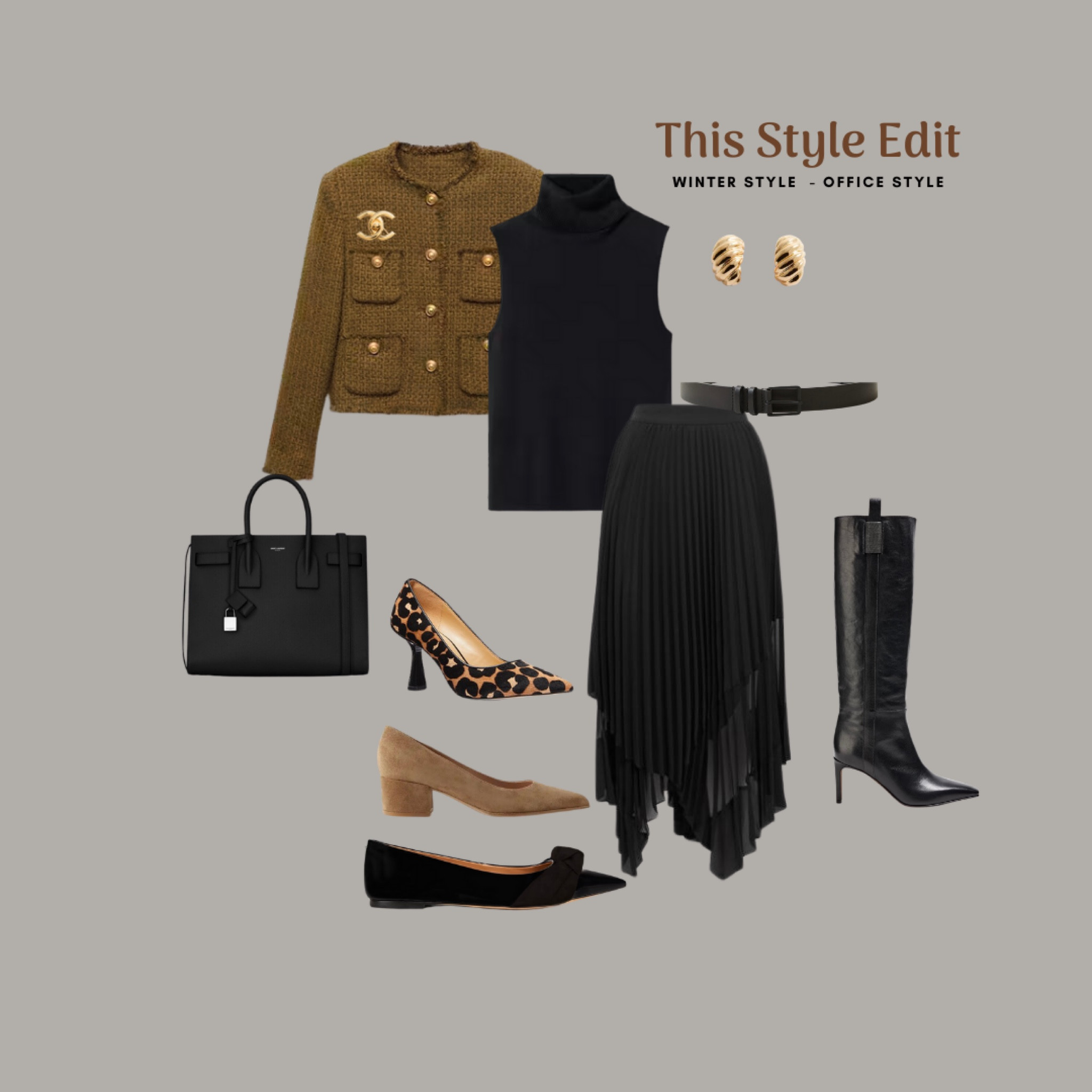 Khaki tweed jacket, black rollneck top and pleated skirt for winter style, winter workwear, office style, office fashion, outerwear #ltkbacktowork #workwear #officestyle #LTKshoecrush 

#LTKeurope #LTKworkwear