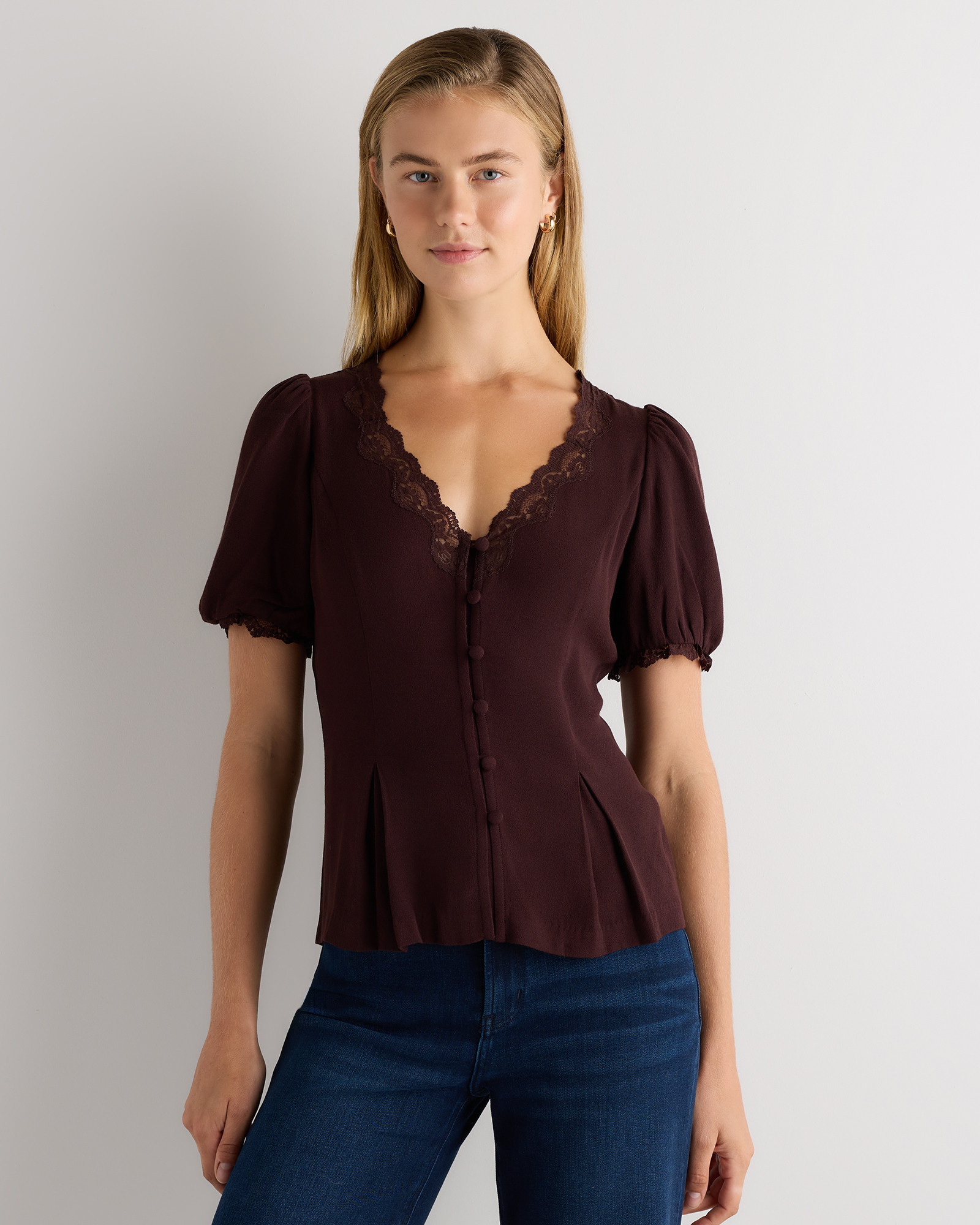 Quince | Women's Lightweight Crepe Lace Puff Sleeve Blouse in Black, Size Large, Viscose | Quince
