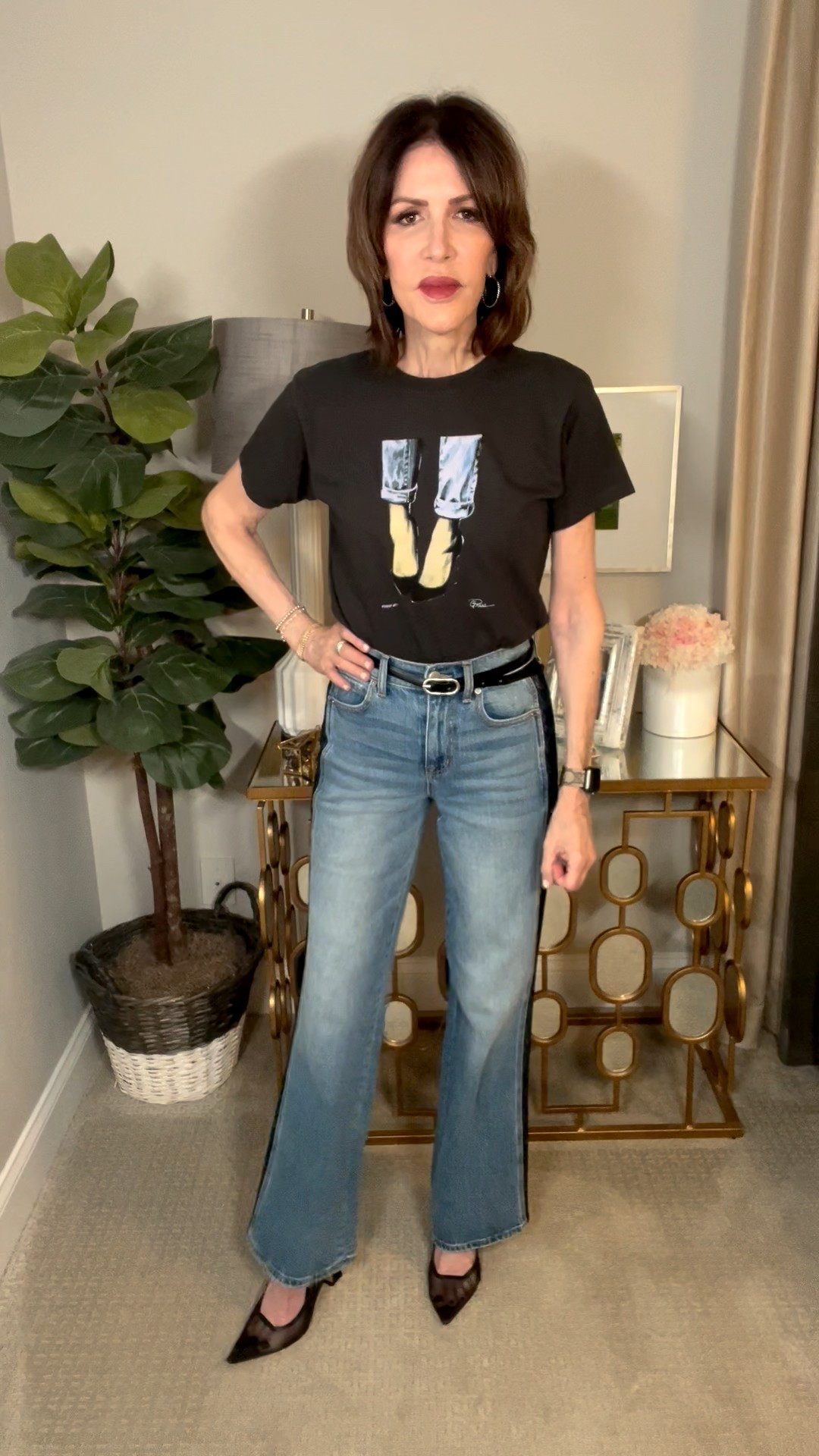 graphic tee, tuxedo stripe jeans, black mesh heels, over 50 outfits

#LTKootd #LTKSeasonal #LTKOver40