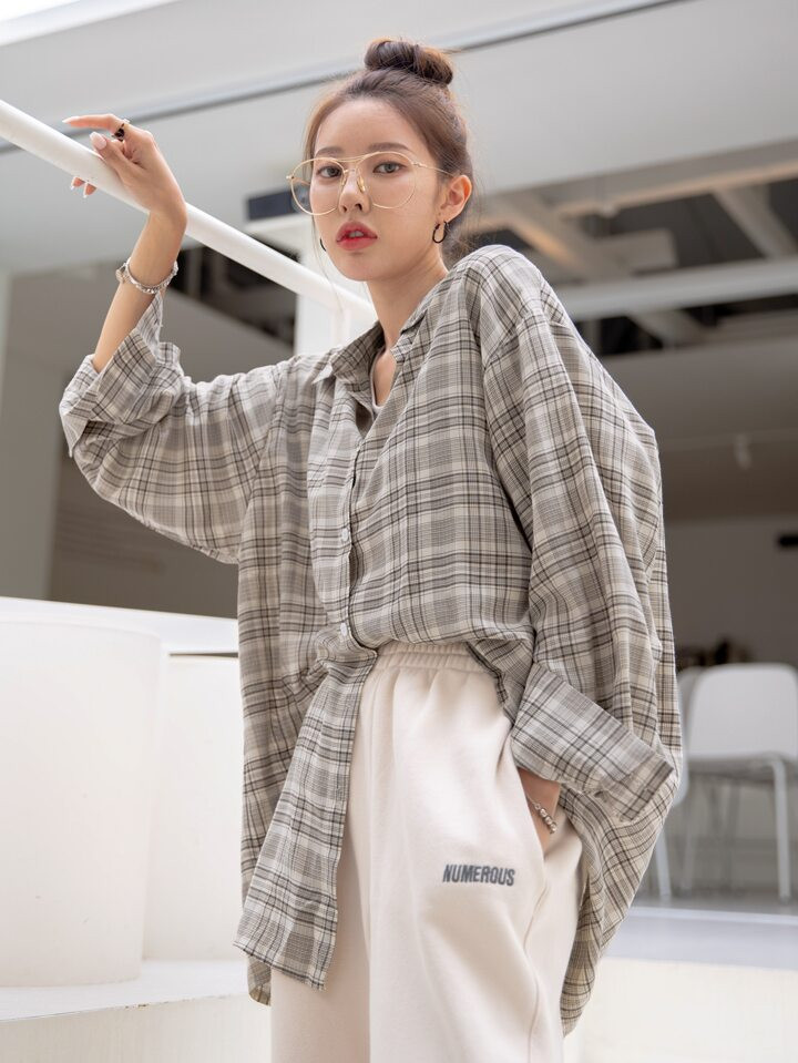 DAZY Plaid Print Drop Shoulder Oversized Shirt | SHEIN USA | SHEIN