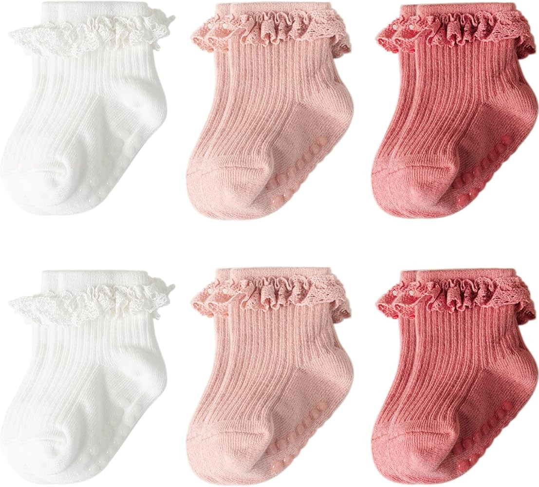 Baby Girl Toddlers Socks with Non-slip Grip Cute Frilly Ruffle Ankle Soft Cotton Newborn Baby Soc... | Amazon (US)