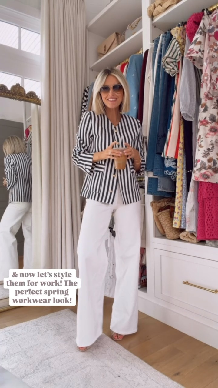 Love this striped blazer with these white jeans for work! So elevated & chic! Wearing S/4. Loverly Grey, Target find, Shopbop, striped blazer, white jeans, white denim, spring workwear, spring fashion, spring outfit ideas 

#LTKSeasonal #LTKWorkwear #LTKootd