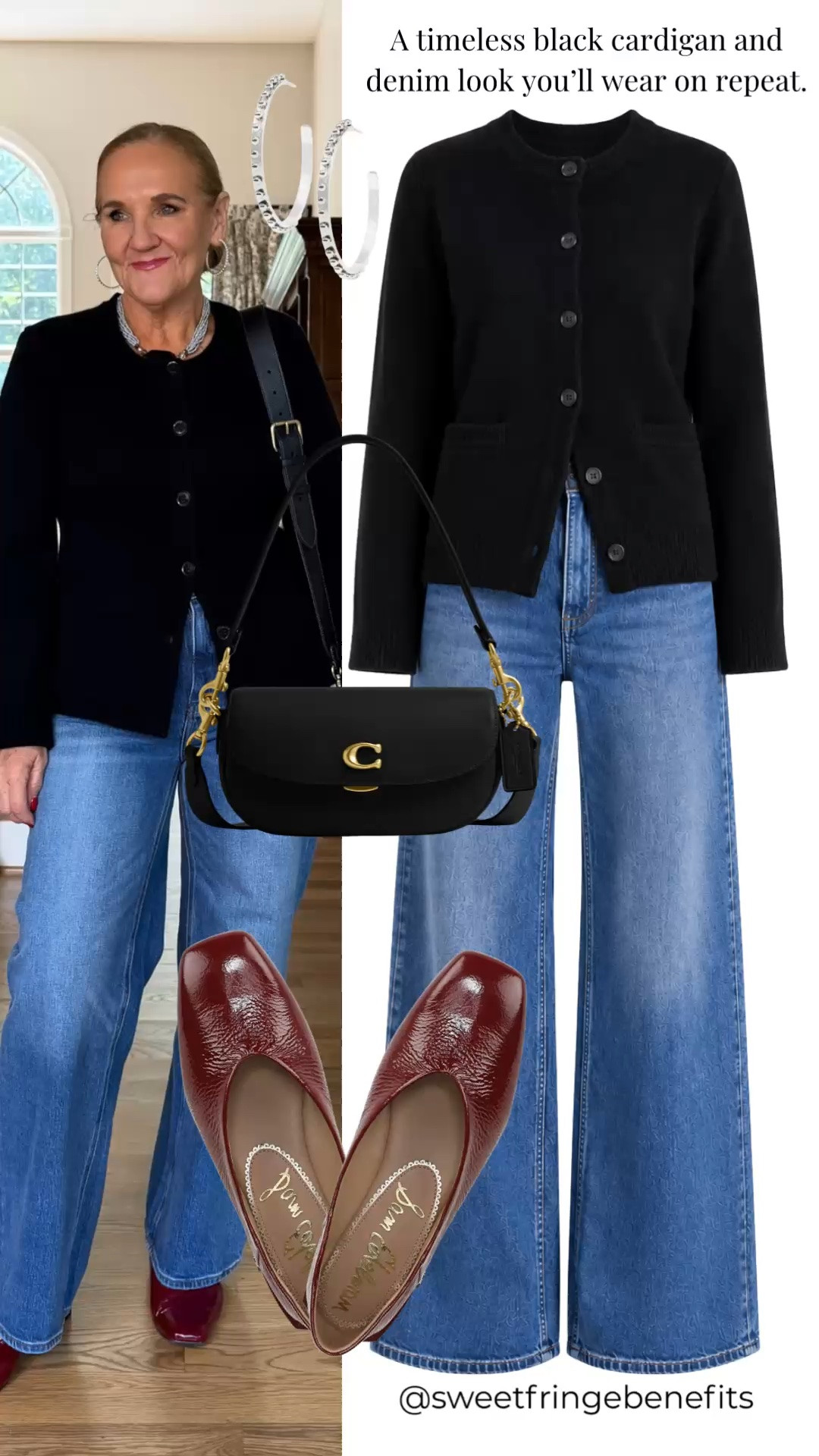 This classic black cardigan and wide-leg denim is a look you’ll wear on repeat. Burgundy flats add a polished pop of color to this easy everyday outfit.

💡 LTK MADE EASY
❤️ Heart = Support my posts!
🔖 Save = Get sale & restock alerts
📋 Lists = Keep favorites organized
📲 Share = Send lists and products to a friend. Hello, Christmas List!
💬 Comment = Ask me anything about what I'm wearing.:-)

#LTKootd #LTKSeasonal #LTKOver40