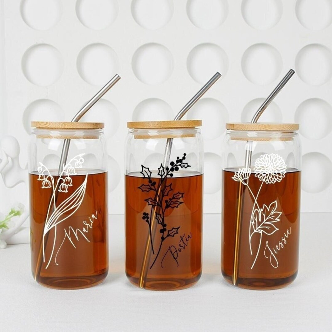 Personalized Birthflower Glass Cupname Iced Coffee Cupglass - Etsy | Etsy (US)