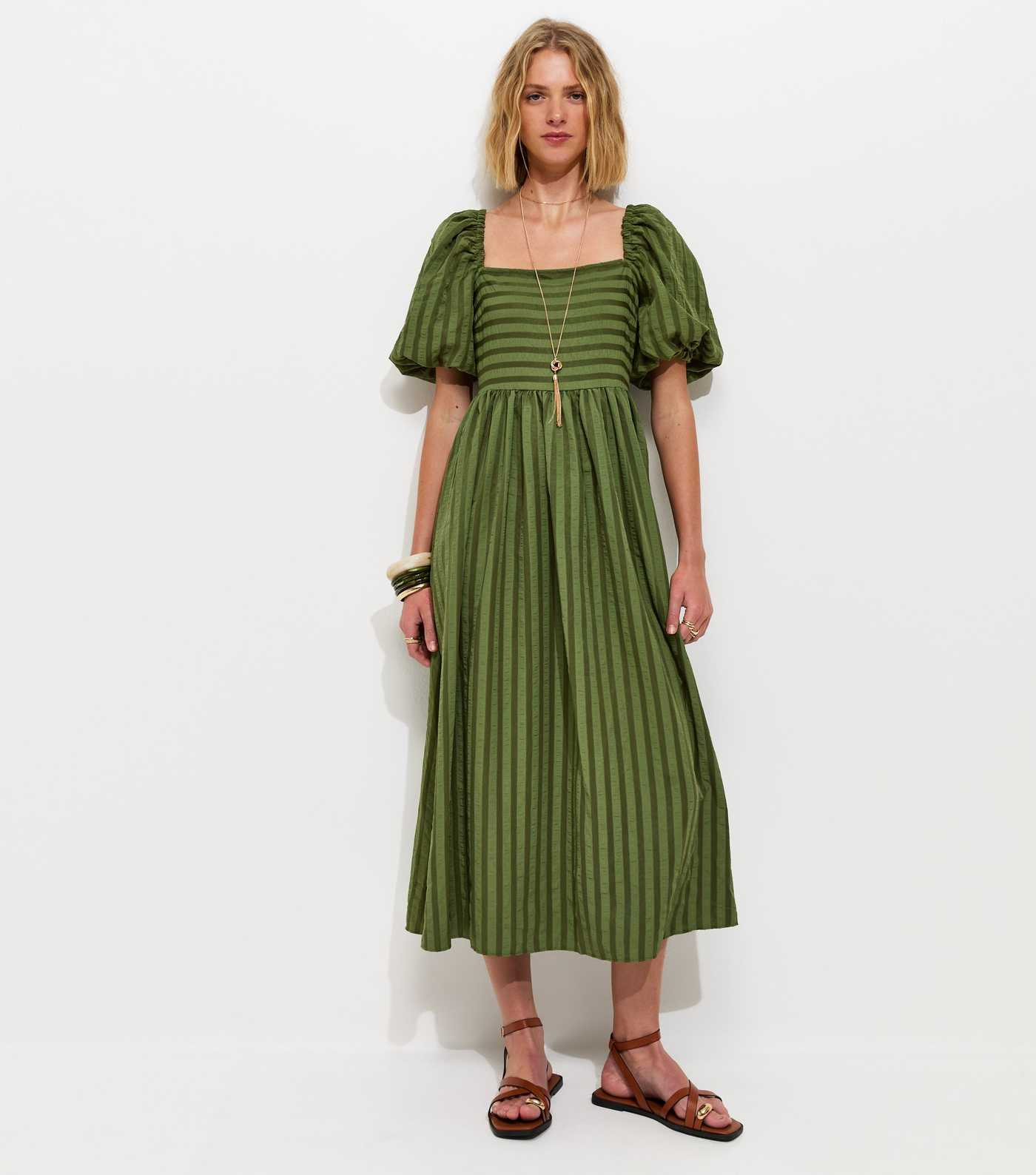 Khaki Puff Sleeve Striped Midi Dress | New Look | New Look (UK)