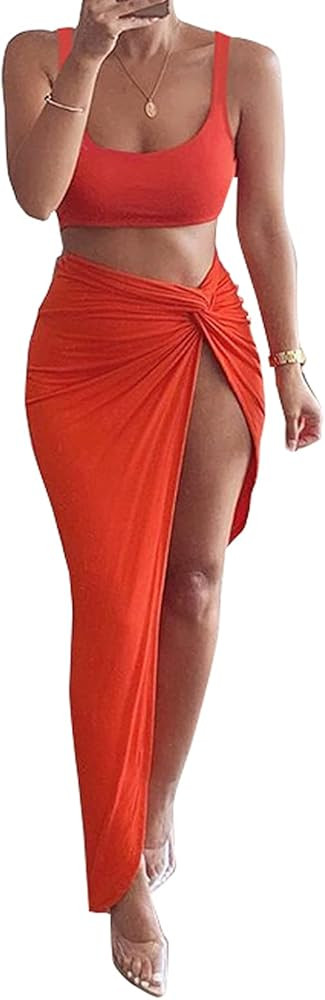 PRIMODA Women's 2 Piece Dress Outfit Sleeveless Tank Crop Bodycon High Slit Maxi Long Skirt Set | Amazon (US)