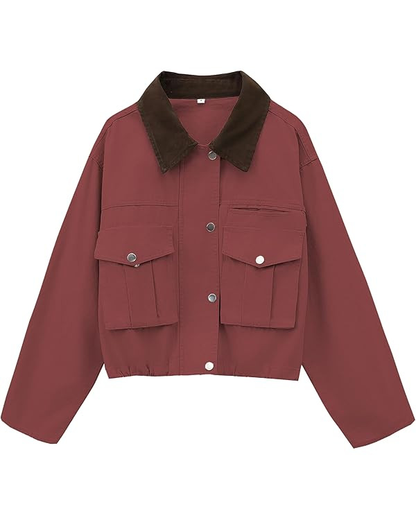 Womens Cropped Jacket Contrast Collar Utility Coat Cargo Jacket Barn Jacket Outwear with Pockets | Amazon (US)