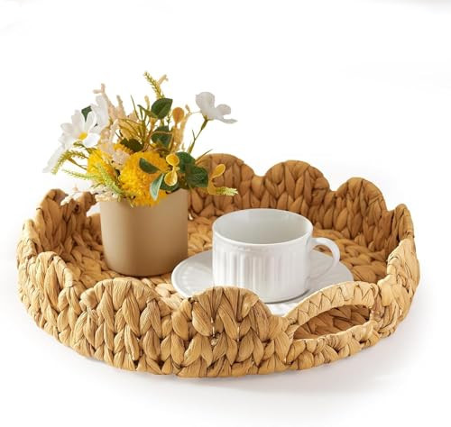 Airesly Scalloped Tray, 11.8" Round Basket Trays Wicker Rattan Serving Tray1 with Handles, Scallop Basket Table Décor Tray2, Water Hyacinth Round Rattan Tray for Ottoman Decorative and Organizer Trays | Amazon (US)