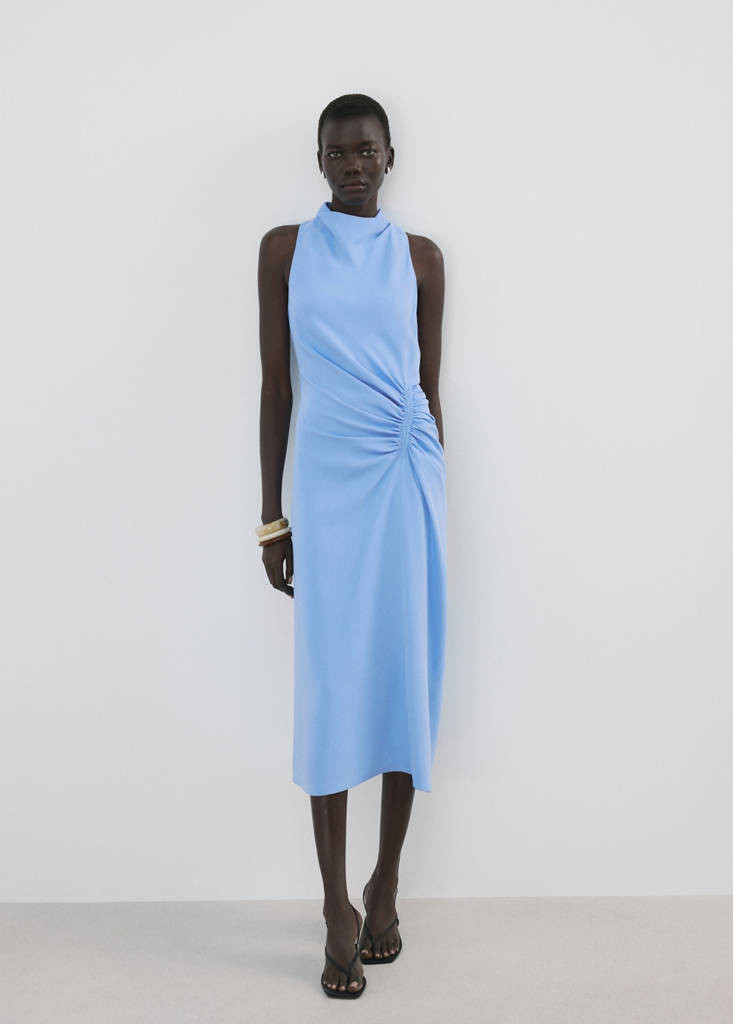 Draped-neck dress with side ruching sky blue - Women - 4 - MANGO | Mango (US/MX/AU)