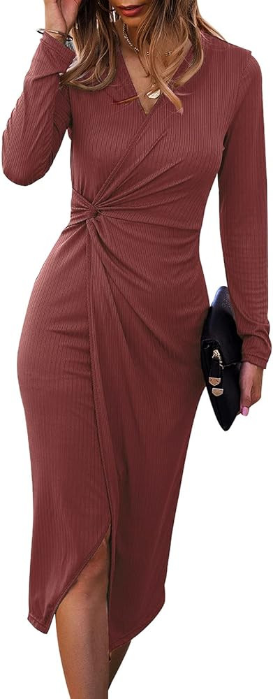 SHIBEVER Women's Long Sleeve Dress: Midi Casual V Neck Dresses Twist Waist Ribbed Knit Bodycon Sl... | Amazon (US)