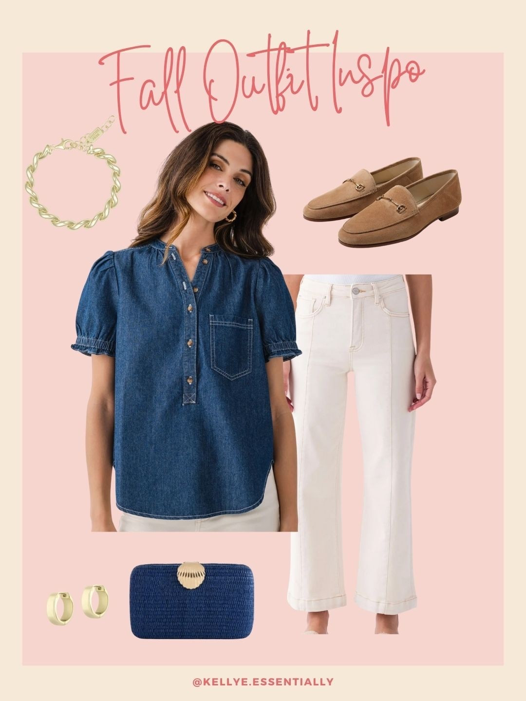 Freshen up your fall style with this cute denim top paired with off-white jeans. 

Add neutral loafers, gold jewelry, and a textured clutch to complete the outfit. This mix of classic denim and timeless accessories makes it easy to dress up or down.

#LTKFindsUnder100 #LTKSeasonal #LTKStyleTip