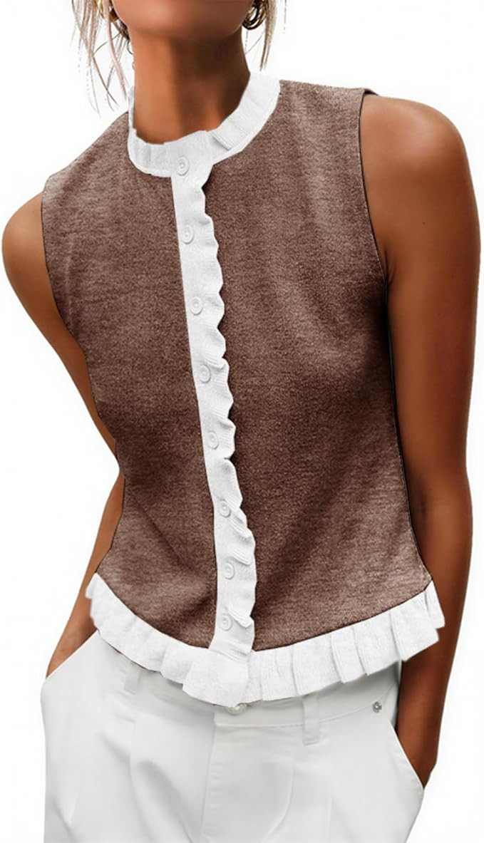 Womens Sleeveless Sweater Vest Mockneck Button Down Vacation Tank Top Summer Ruffle Going Out Ves... | Amazon (US)