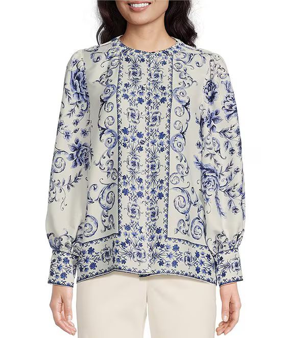 Bianca Floral Printed Satin Crepe Crew Neck Long Sleeve Button Front Blouse | Dillard's
