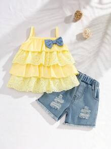SHEIN Playful Pals 2pcs/Set Baby Girls Camisole Top + Denim Shorts Summer Outfit | SHEIN
