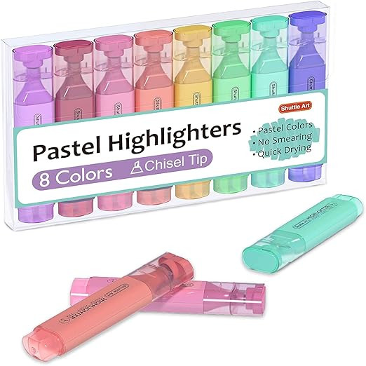 Pastel Highlighters, Shuttle Art 8 Assorted Macaron Colors Highlighter Pens, Chisel Tip Dry-Quick... | Amazon (US)