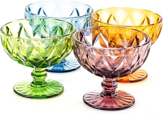 Ice Cream Glass Bowls Set of 4 Colored Dessert Bowls 7.5 Oz Vintage Diamond Glass with Footed Sun... | Amazon (US)