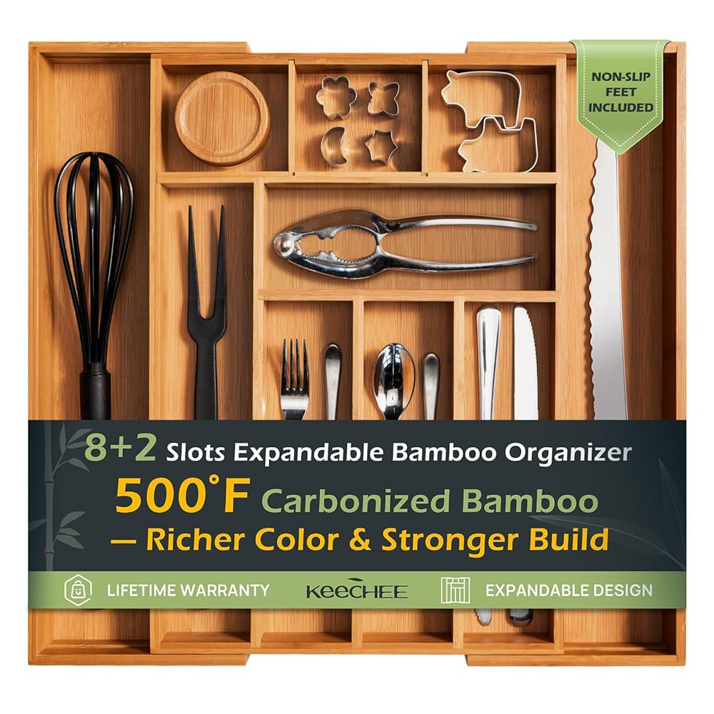 Carbonized Bamboo Kitchen Drawer Organizer, 10 Slots Expandable Silverware Organizer, Utensil Hol... | Amazon (US)
