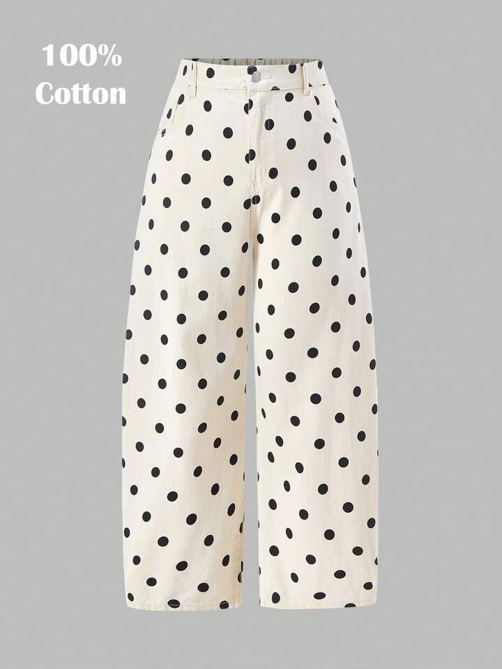 SHEIN MOD Plus Size Women's Jeans With Belt Loops And Polka Dot Pattern Summer For Women Spring Women Easter Jeans St Patrick's Day Women Jeans Beach Pants Going Outs Graduation Jeans Elegant Pants For Women Vacations Women Casual For Women Women's Pants Polka Dot Jeans White Pants Plus Size Polka Dot Wide Leg Jeans For Women High Waist Casual Denim Pants | SHEIN