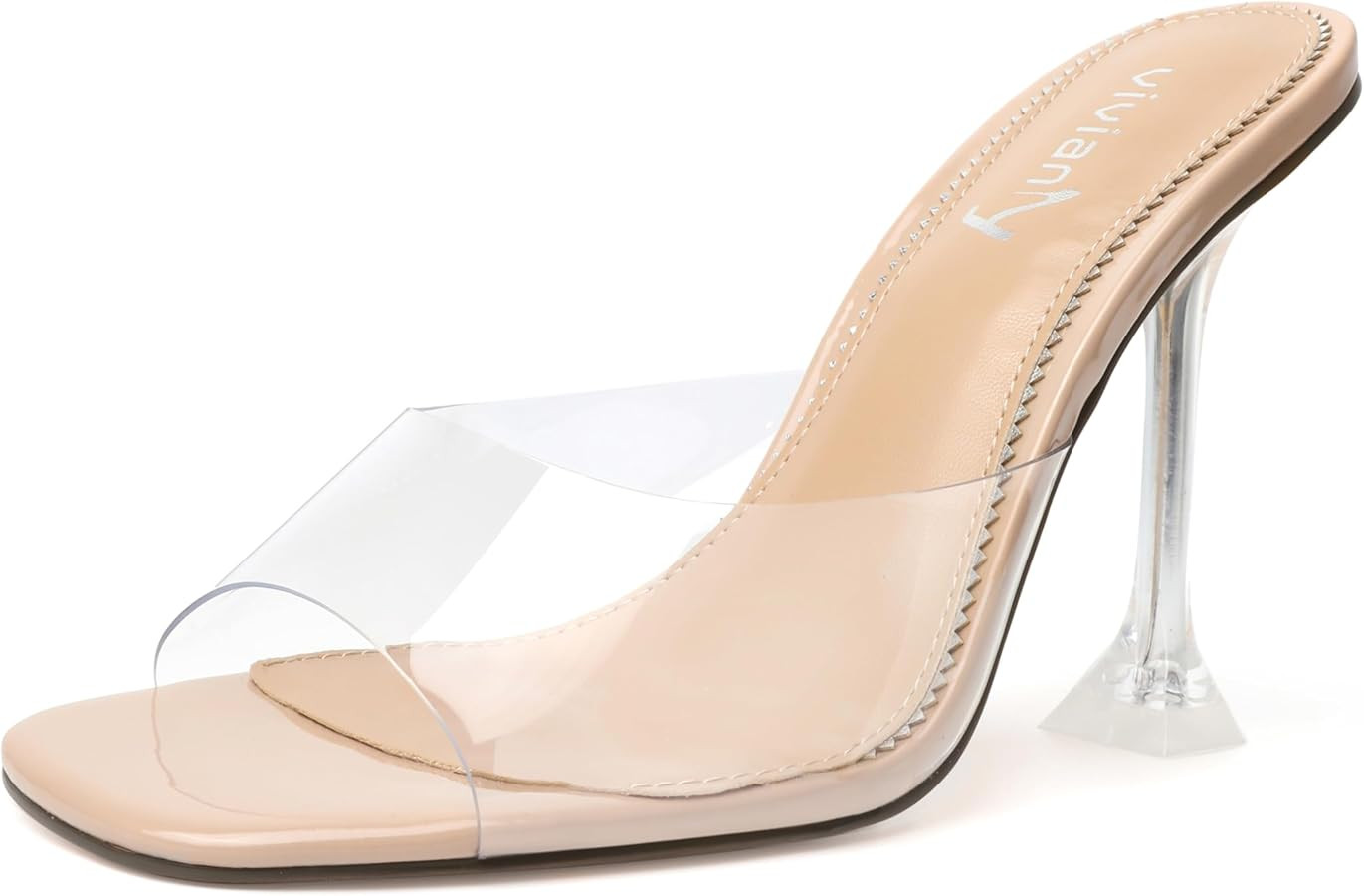 vivianly Womens Clear Heels Sandals Transparent Stiletto Heel Slippers Backless Peep Toe Slip on ... | Amazon (US)
