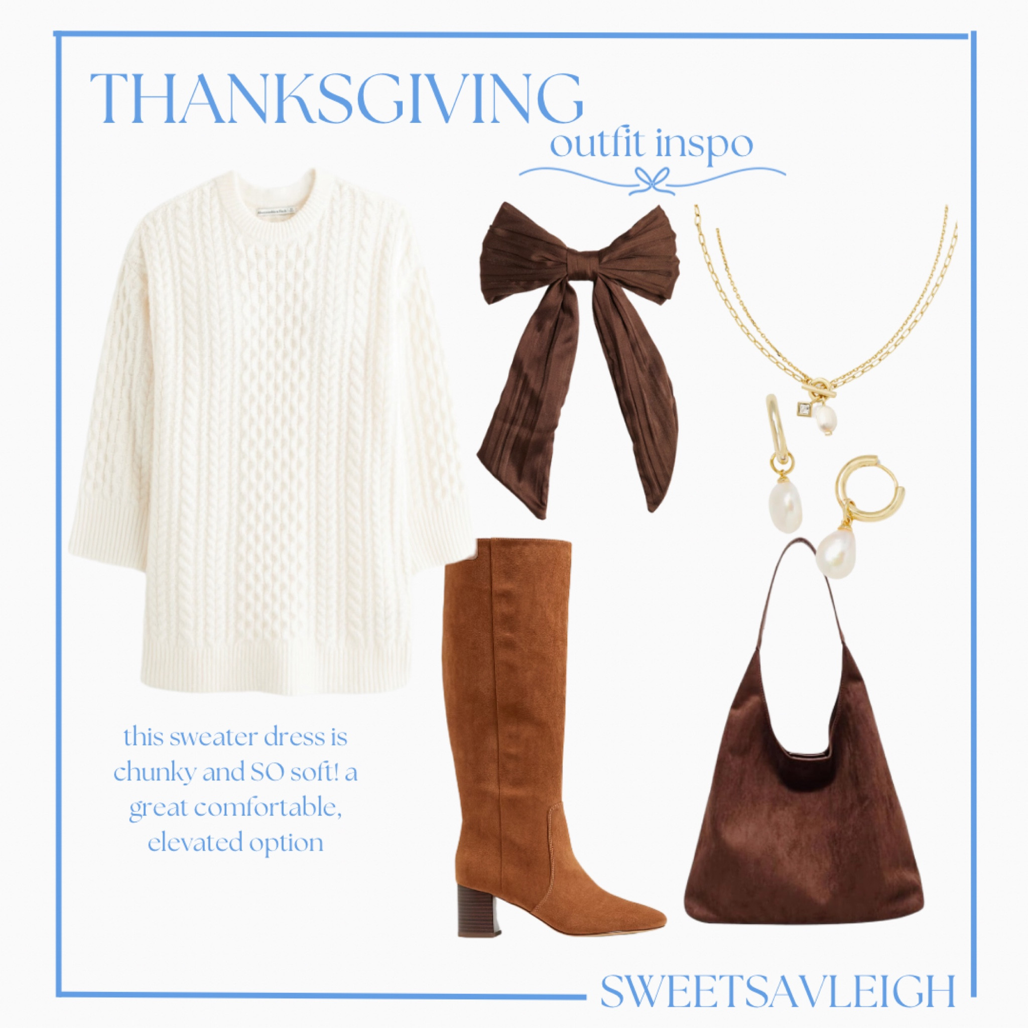 Thanksgiving outfit idea | sweater dress, cable knit, suede boots, brown boots, tall boots, suede bag, hair bow 

#LTKSeasonal #LTKStyleTip #LTKHoliday