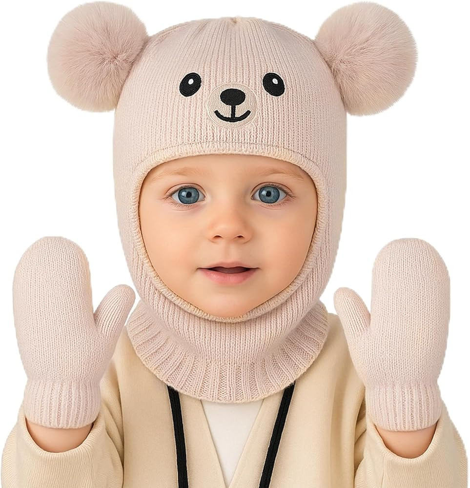 Toddler Baby Winter Hat Scarf Gloves Set, Bear Embroidery Pom Infant Boys Girls Acrylic Beanie Ha... | Amazon (US)