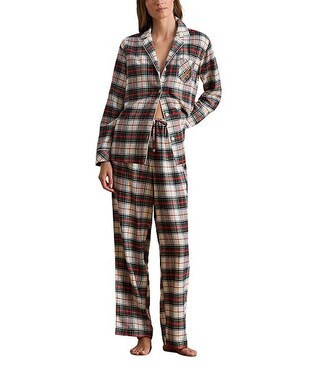Long Sleeve Notch Collar Brushed Twill Plaid Holiday Pajama Set | Dillard's
