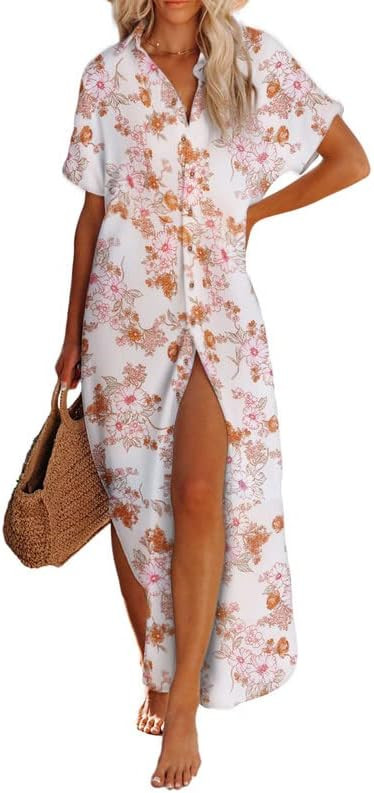 Dokotoo Womens Casual Short Sleeve Side Split Button Down Long Kimonos Cardigans Swimsuit Cover U... | Amazon (US)