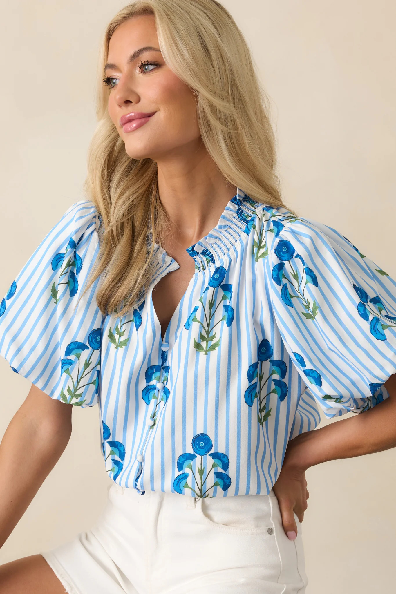 Poppy Fields Blue Button Front Puff Sleeve Top | Red Dress