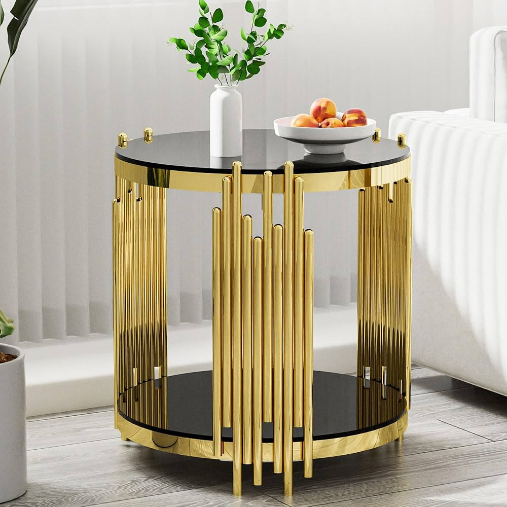 Round Glass End Table Black, Modern Gold Living Room Table with Stainless Steel Irregular Leg, Sm... | Amazon (US)