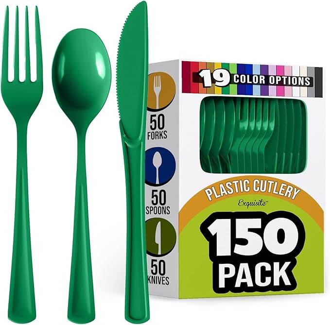 150 Pack Emerald Green Plastic Cutlery Set, Plastic Silverware Heavy Duty, Plastic Utensil Sets, ... | Amazon (US)