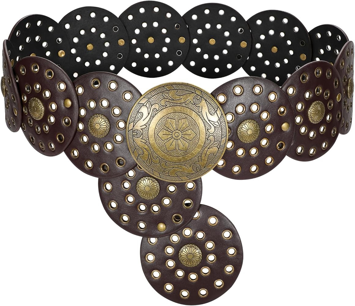 LEACOOLKEY Women's Boho Disc Belt Wide Western Leather Belt Vintage Concho Waist Belts for Dress ... | Amazon (US)