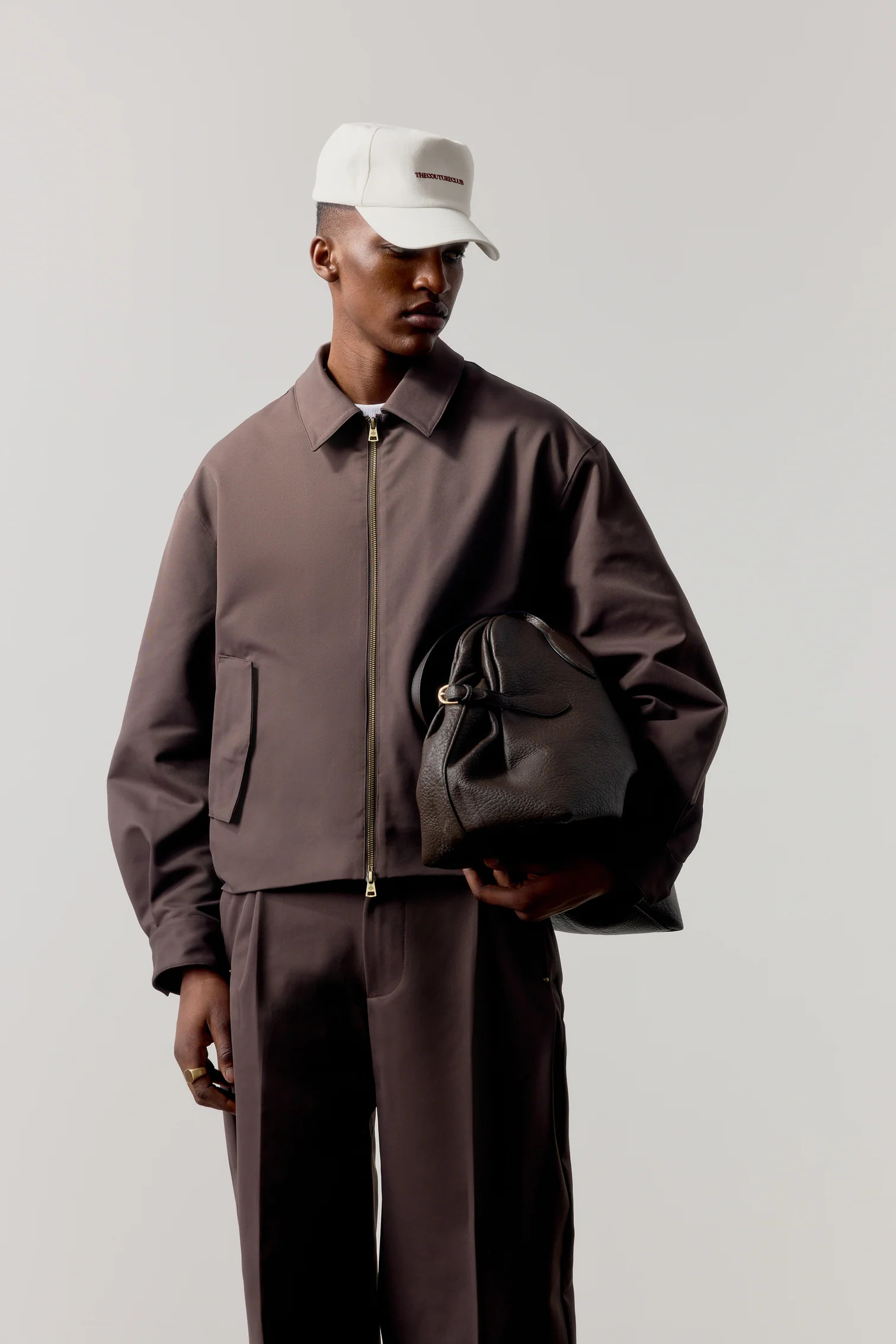 RUCHED HARRINGTON JACKET - BROWN | The Couture Club