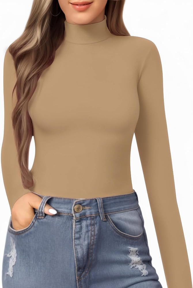 MANGOPOP Women's Mock Turtle Neck Slim Fit Long Sleeve T Shirt Tight Tops Tee | Amazon (US)