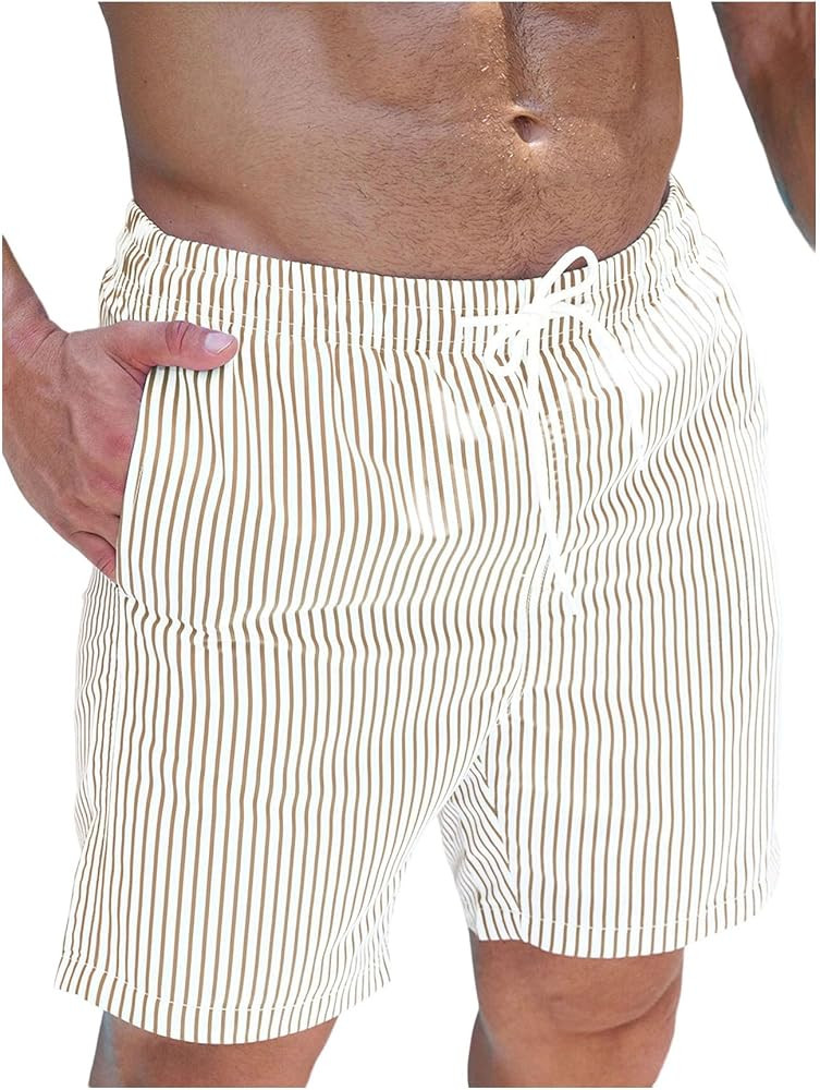 SOLY HUX Men's Striped Beach Shorts Swimwear Bottom Swim Trunks with Compression Liner | Amazon (US)