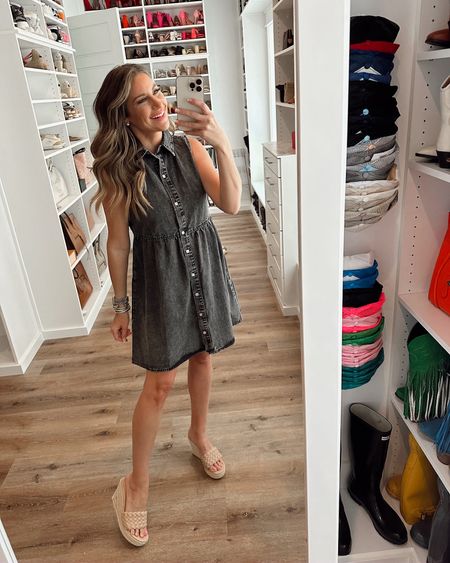 In a small grey denim tank dress, braided espadrille wedges and accessories for spring/summer from amazon- fits TTS.

#LTKstyletip #LTKSeasonal #LTKunder50