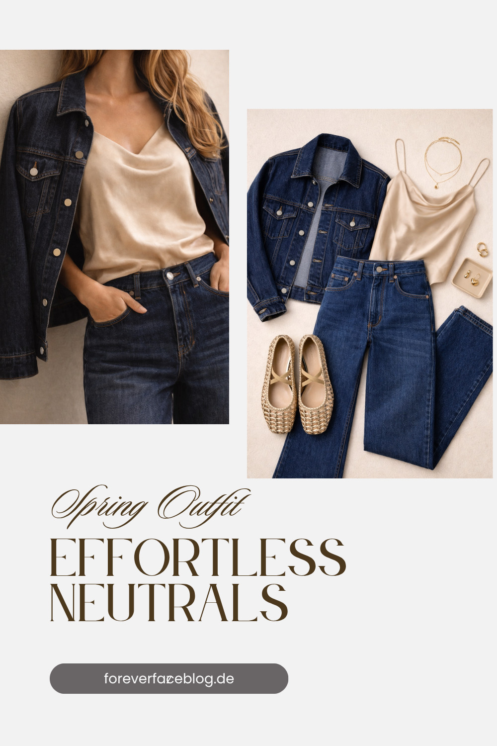The foundation of this ensemble is the quintessential denim-on-denim duo. The relaxed, structured fit of the dark wash denim jacket provides the perfect counterpoint to the fluidity of the cowl-neck satin camisole. This combination offers a textured play between rugged and refined.

For a cohesive and polished silhouette, pair these with dark-wash, straight-leg jeans that create a sleek, streamlined look. The neutral beige tone of the camisole is echoed in the intricately woven espadrille flats, adding a touch of texture and casual-cool. 

 #LTKootd #LTKOver40