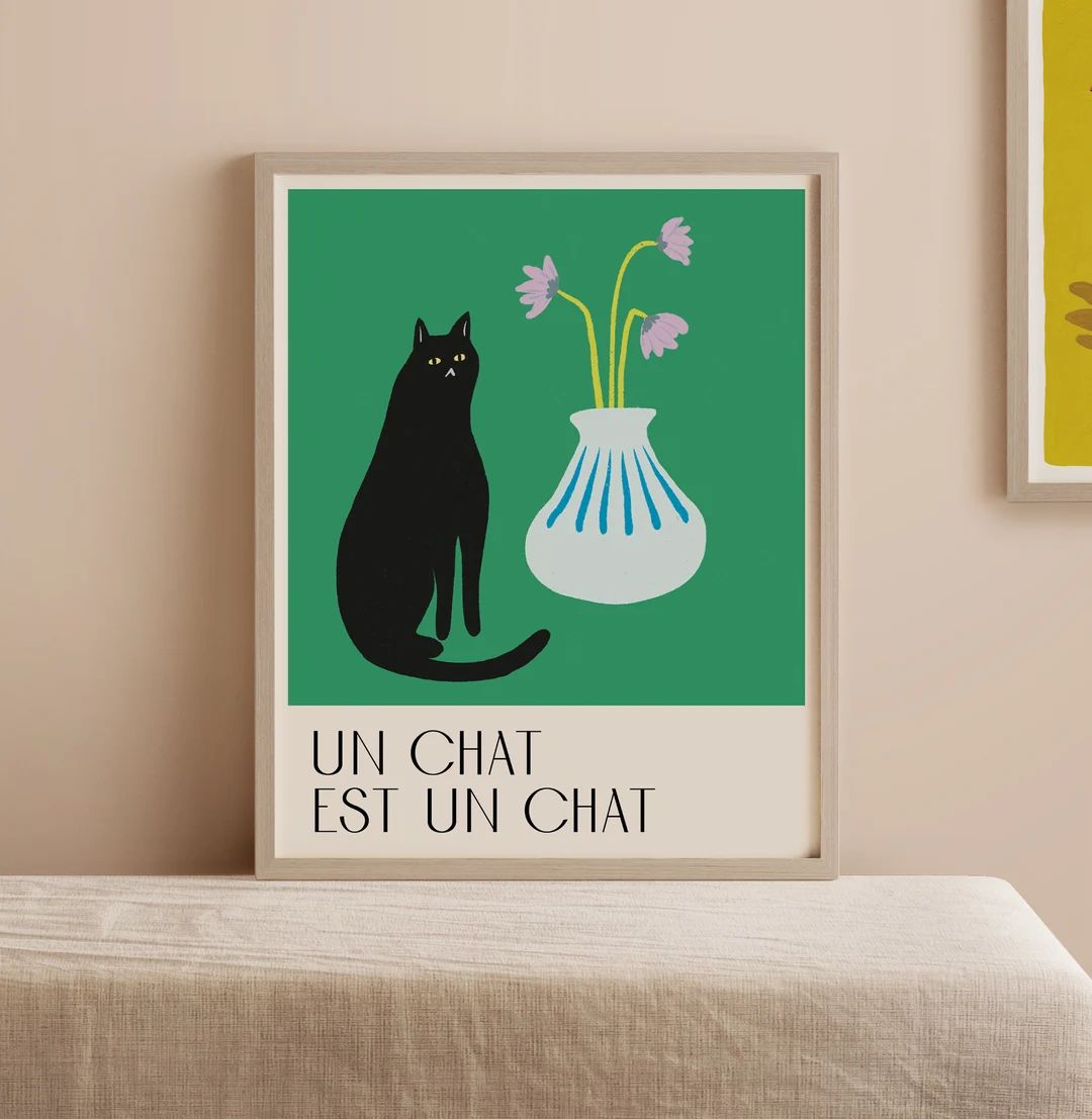 Cat Art Print Poster Black Cat Wall Art French Cat Poster Illustrated Cat Home Decor Green - Etsy | Etsy (US)