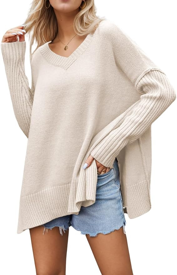 Women's V Neck Oversized Sweaters Long Batwing Sleeve Split Hem Pullover Slouchy Casual Knit Swea... | Amazon (US)