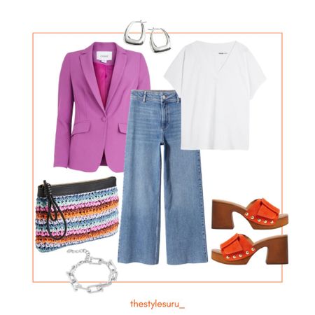 Spring Summer fashion trends 2023💜🧡 purple blazer, wide leg cropped jeans, clogs, orange, white T-shirt, summer bag, clutch bag.
See it styled on Instagram @thestylesuru_
Appreciate you always,
Sharon xx

#LTKSeasonal #LTKFind #LTKeurope