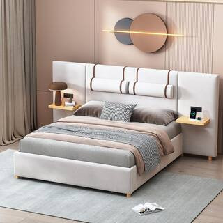 Beige Wood Frame Queen Velvet Upholstered Platform Bed with Outlets, USB Charging Ports on Both Sides, Storage Shelves | The Home Depot
